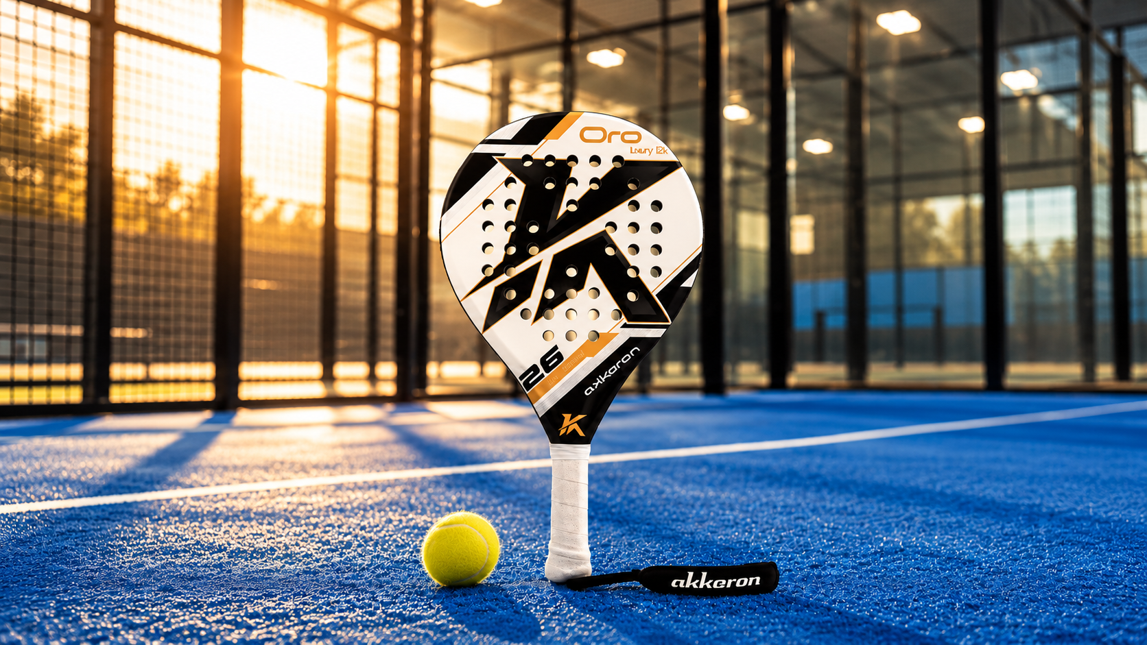 Akkeron Oro Luxury 12K con pelota amarilla en pista de pádel